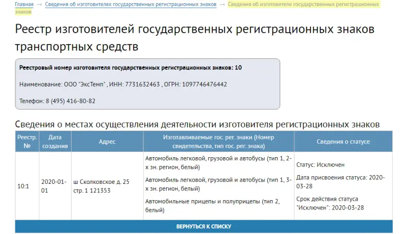 Сведения об изготовителе государственных регистрационных знаков